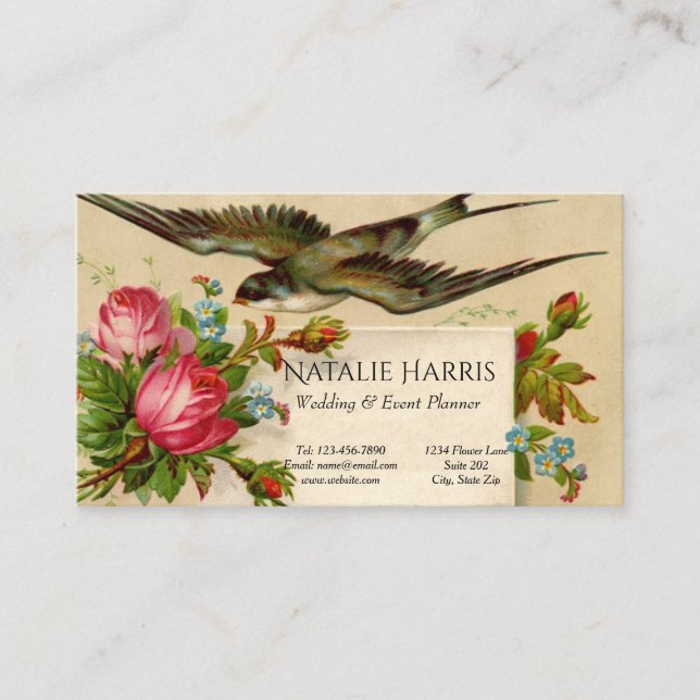 Hochzeitsplaner Vintage Rote Rosen Bluebird Visitenkarte (Vorderseite)