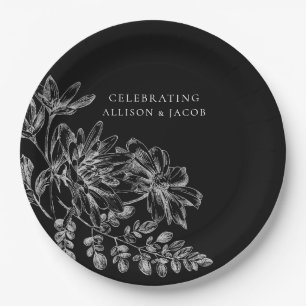 Hochzeitsplatte aus schwarzem und weißem Blumenpap Pappteller