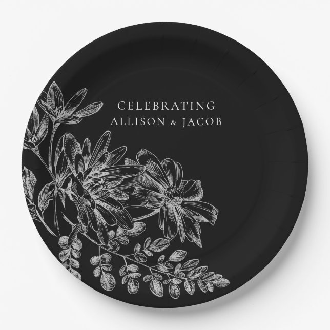 Hochzeitsplatte aus schwarzem und weißem Blumenpap Pappteller (Vorderseite)