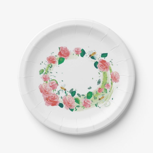 Hochzeitsplatte mit Rose und Bienen Pappteller (Vorderseite)