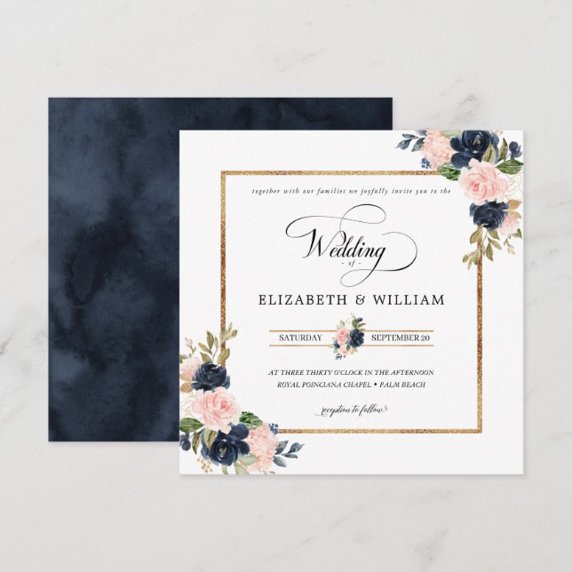 Hochzeitsplatz mit blauen und rosafarbenen Blumen Einladung (Vorne/Hinten)