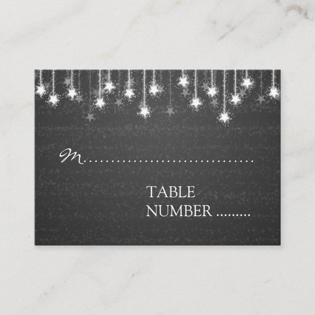 Hochzeitsplätze Schwarze Sterne schimmern Platzkarte (Vorderseite)