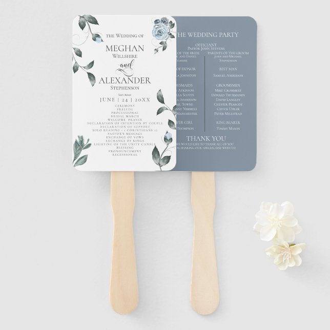 Hochzeitsprogramm | Aquarellfarben, blau, floralbl Fächer (Vorne und Hinten)