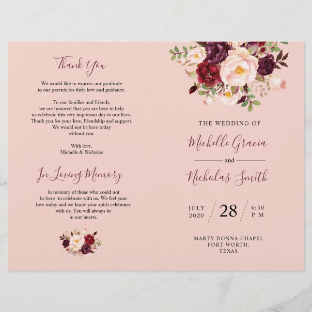 Hochzeitsprogramm Burgundy Blush Wasserfarbe Blora (Vorderseite)