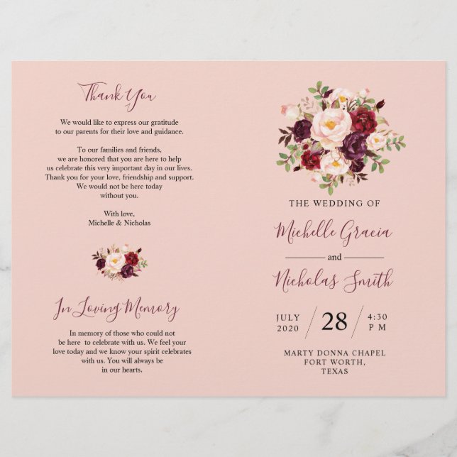 Hochzeitsprogramm Burgundy Blush Wasserfarbe Blora (Vorderseite)