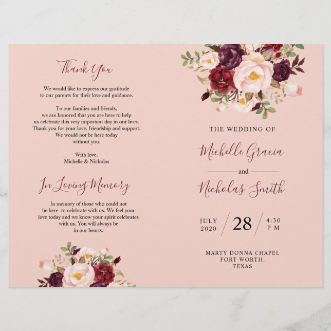 Hochzeitsprogramm Burgundy Blush Wasserfarbe Blora (Vorderseite)
