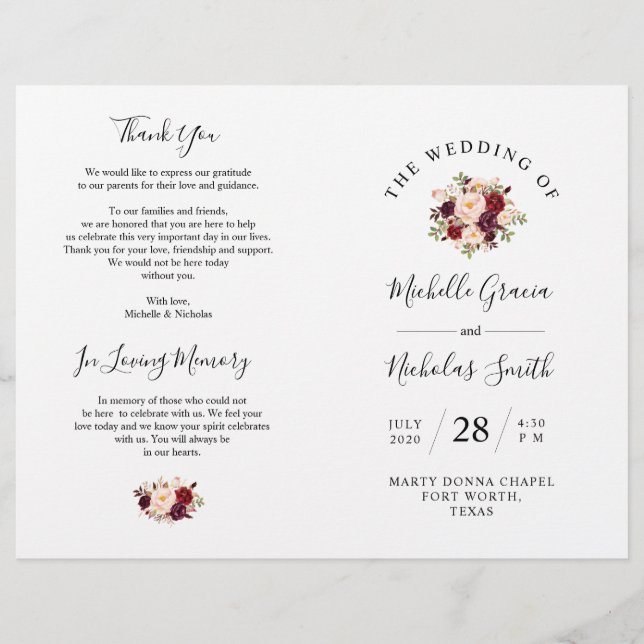 Hochzeitsprogramm Burgundy Wasserfarbenfloral, FOL (Vorderseite)