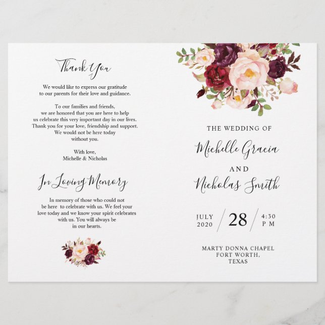 Hochzeitsprogramm Burgundy Wasserfarbenfloral, FOL (Vorderseite)