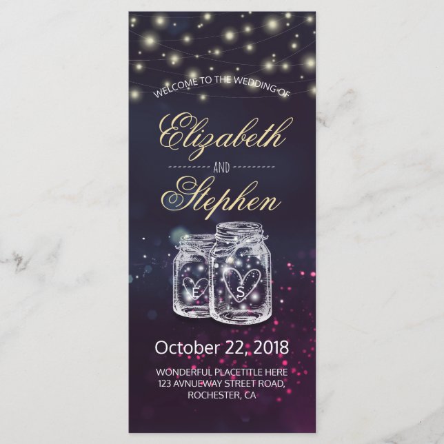 Hochzeitsprogramm Chic Mason Jar Lila String Light Programm (Vorderseite)