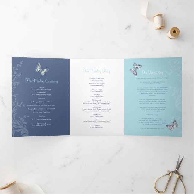 Hochzeitsprogramm dunkelblaue Schmetterlinge Liebe Dreifach-gefaltete Programmkarte (Innenseite)