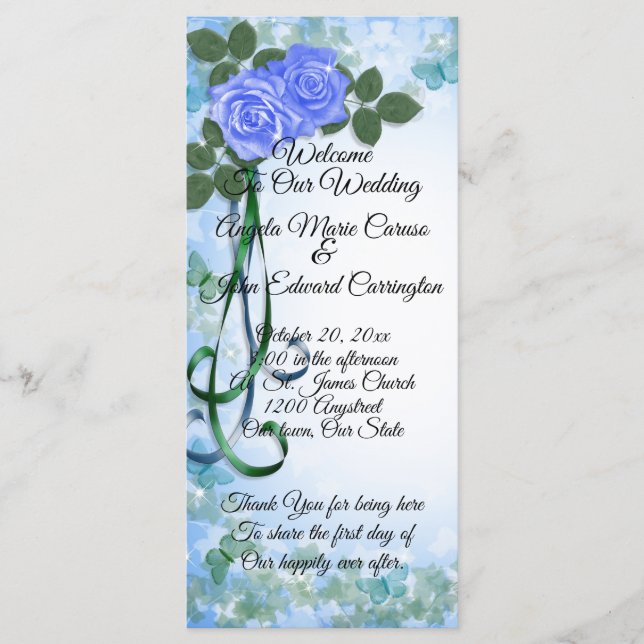 Hochzeitsprogramm elegante blaue Rose aquamarines  Programm (Vorderseite)
