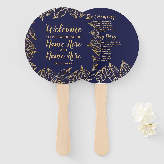 Hochzeitsprogramm Fan Navy Gold Wedding Leaf Fächer (Vorne und Hinten)