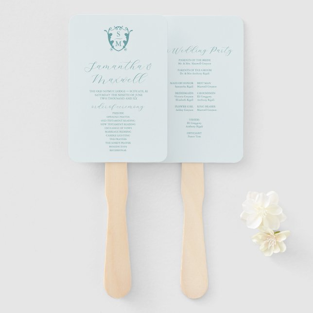 Hochzeitsprogramm Fan Pale Blue Classic Monogram Fächer (Vorne und Hinten)