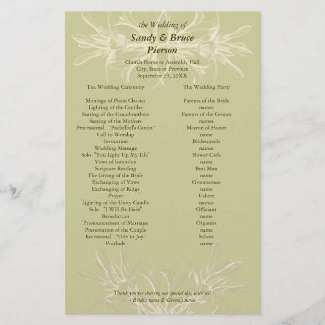 Hochzeitsprogramm für antikes Olivenöl Briefpapier (Vorderseite)