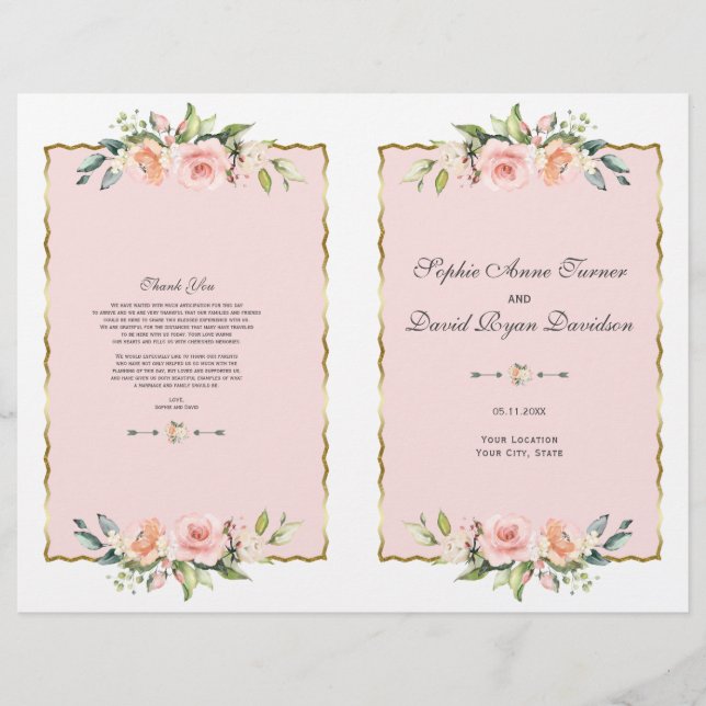 Hochzeitsprogramm für Aquarellblütenblütengold (Vorne)