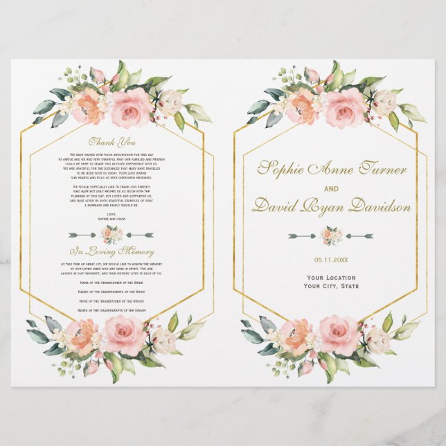 Hochzeitsprogramm für Aquarellblütenblütengold (Vorne)