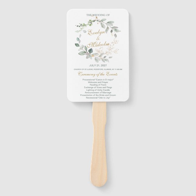Hochzeitsprogramm für Aquarellgrün und Goldgold Fächer (Vorderseite)