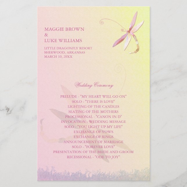 Hochzeitsprogramm für blassgelbe und rosafarbene L (Vorderseite)