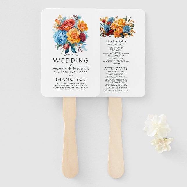 Hochzeitsprogramm für Blau, Orange, Gelb und Rot Fächer (Vorne und Hinten)