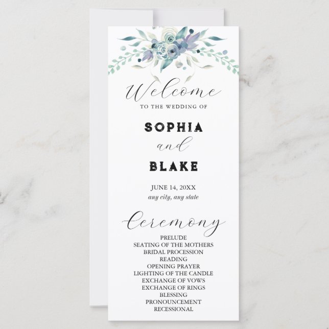 Hochzeitsprogramm für Blau und Grüne Flora (Vorderseite)