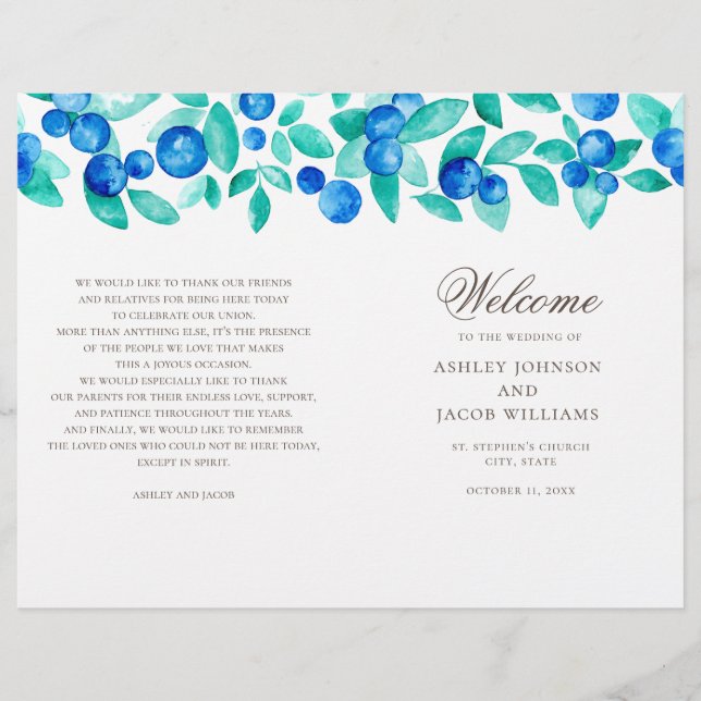 Hochzeitsprogramm für Blaubeeren. Aquarellblau aqu (Vorderseite)