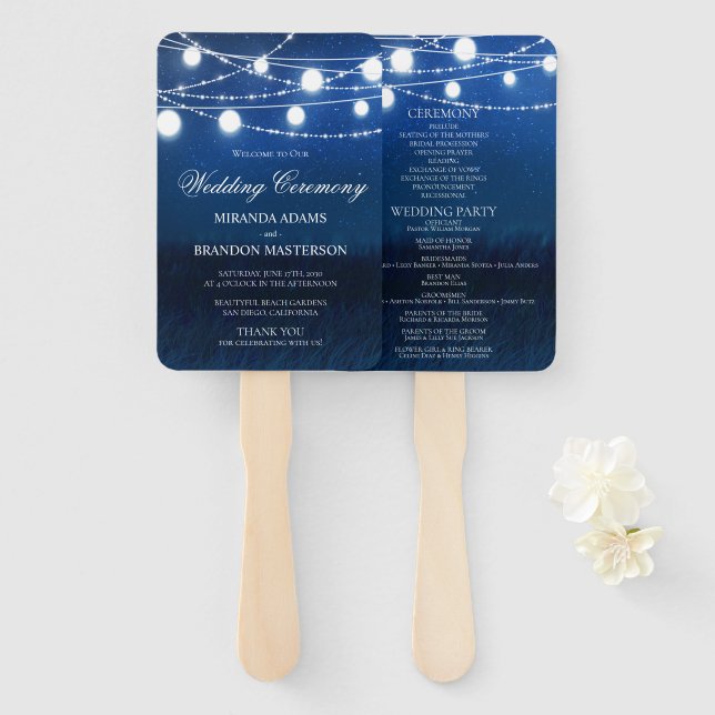 Hochzeitsprogramm für blaue Nacht und Silberlampen Fächer (Vorne und Hinten)