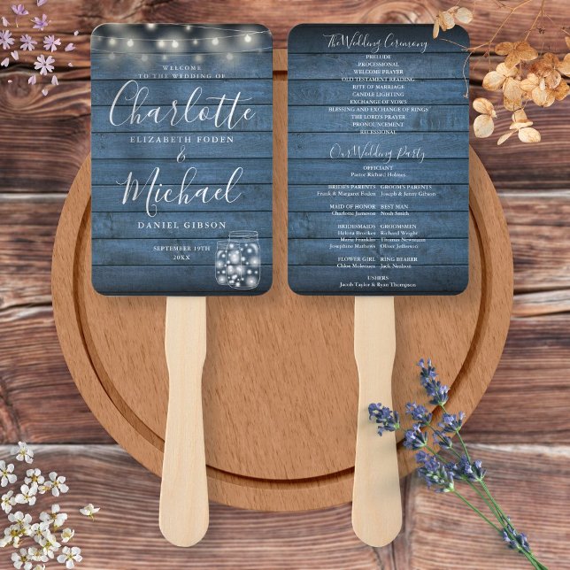 Hochzeitsprogramm für blaue Rustikal-Holz-String-L Fächer (Blue Rustic Wood String Lights Wedding Program Hand Fan)