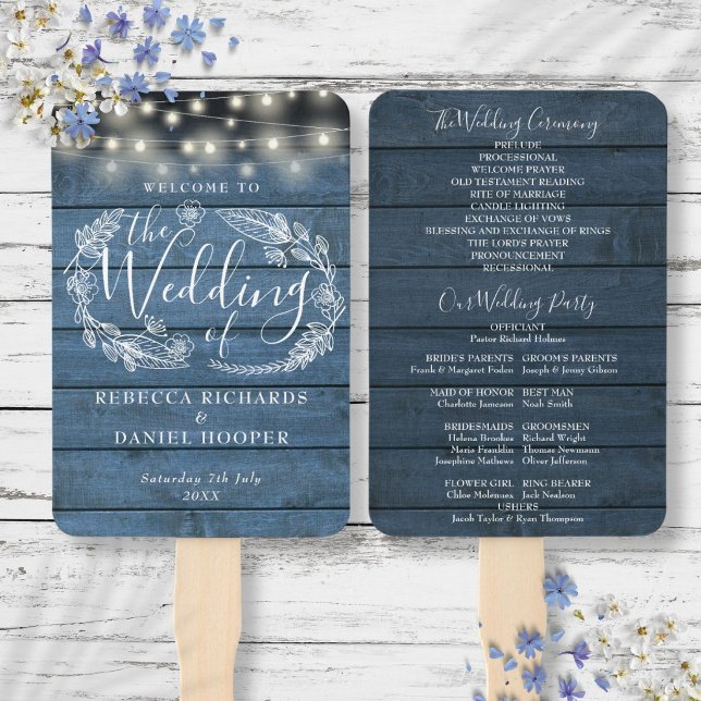 Hochzeitsprogramm für blaue Rustikale Blumenstrauß Fächer (Blue Rustic Floral String Lights Wedding Program Hand Fan)