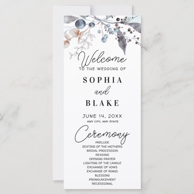 Hochzeitsprogramm für Blaue und Grau Berries & Grü (Vorderseite)