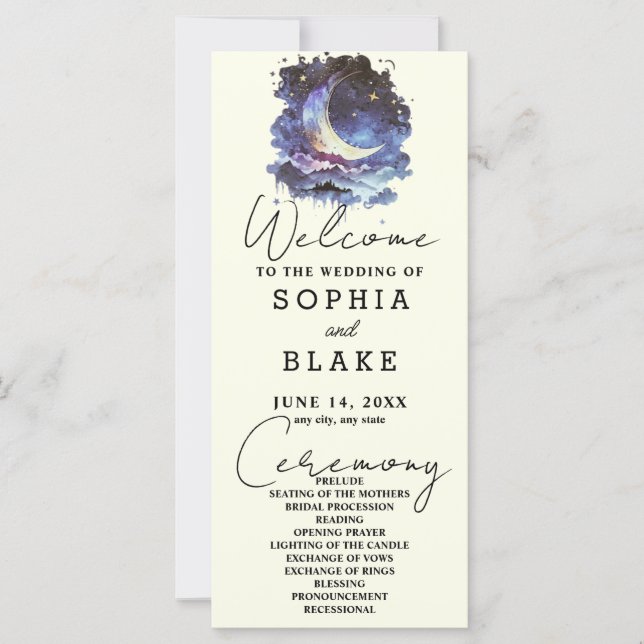 Hochzeitsprogramm für Blauen und Gold Crescent Moo (Vorderseite)