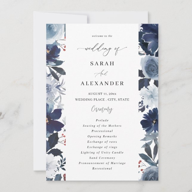 Hochzeitsprogramm für Blauer und Marineblau Einladung (Vorderseite)