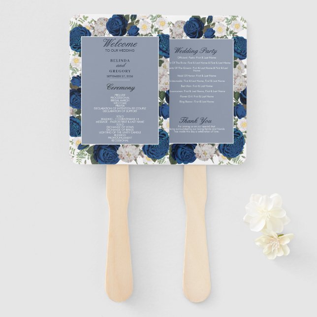 Hochzeitsprogramm für Blauflora-Wasserfarben Fächer (Vorne und Hinten)