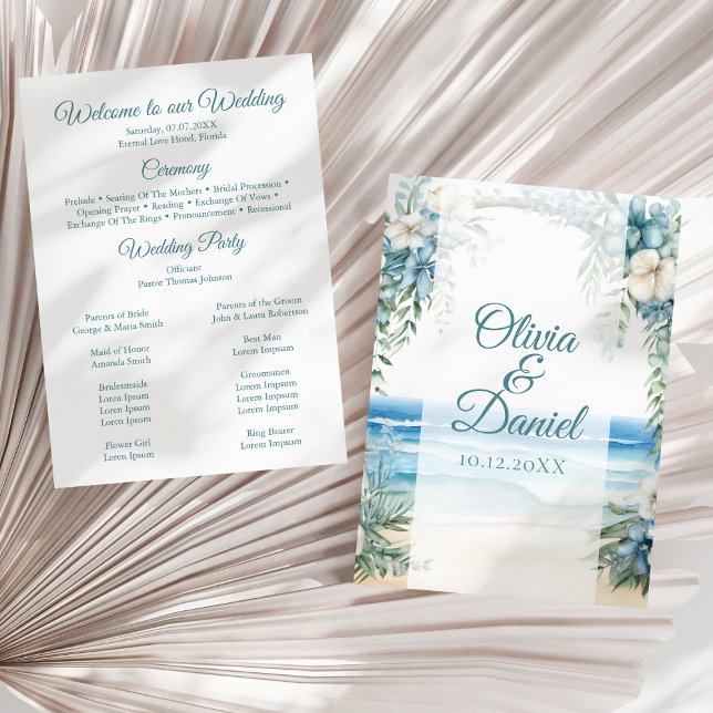 Hochzeitsprogramm für Boho Beach Blue Floral Arch Programm (Boho Beach Blue Floral Arch Wedding Program on a sunny neutral dry palm leaf.)