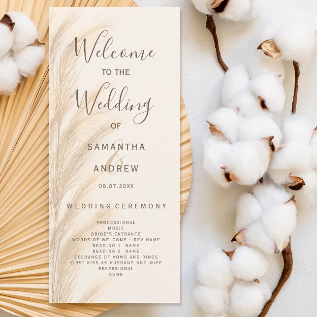 Hochzeitsprogramm für Boho Pampas Gras Aquarell Programm (Boho pampas grass watercolor wedding program)
