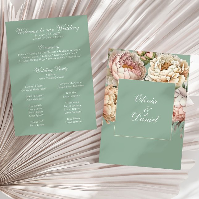 Hochzeitsprogramm für Boho Pastel Sage & Blush Peo Programm (Boho Pastel Sage & Blush Peonies Wedding Program on a sunny neutral dry palm leaf.)