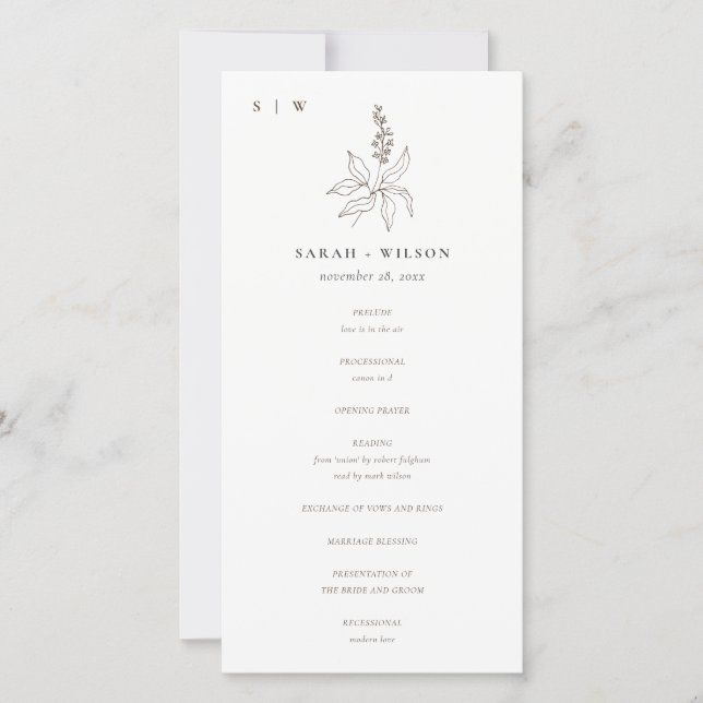 Hochzeitsprogramm für Botanische Blumenkizze Dankeskarte (Vorderseite)