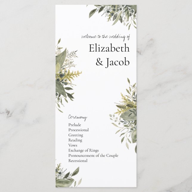 Hochzeitsprogramm für botanische Wasserfarben (Vorderseite)