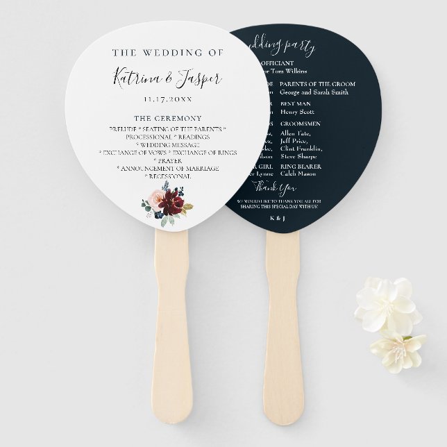 Hochzeitsprogramm für Burgund-Blush-Marine Fächer (Vorne und Hinten)