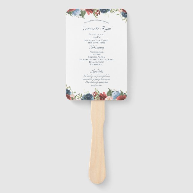 Hochzeitsprogramm für Burgund und Blauer Flora Fächer (Vorderseite)