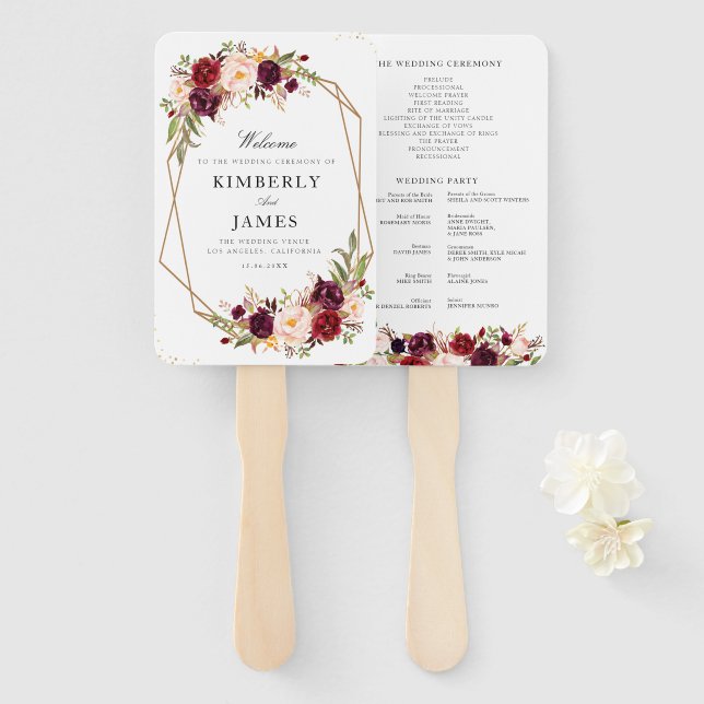 Hochzeitsprogramm für Burgund und Blüten Fächer (Vorne und Hinten)