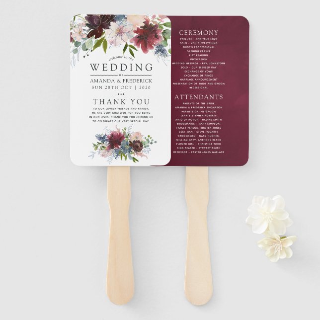 Hochzeitsprogramm für Burgund und Marinefelder Fächer (Vorne und Hinten)