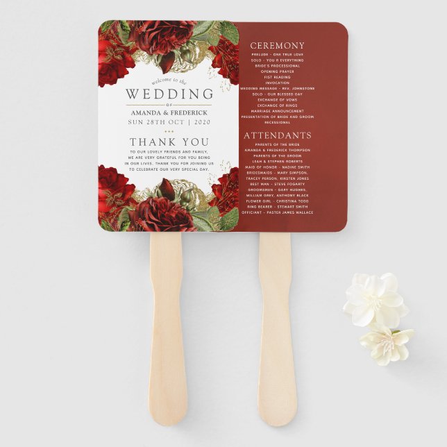 Hochzeitsprogramm für Burgunder Rot und Gold Fächer (Vorne und Hinten)