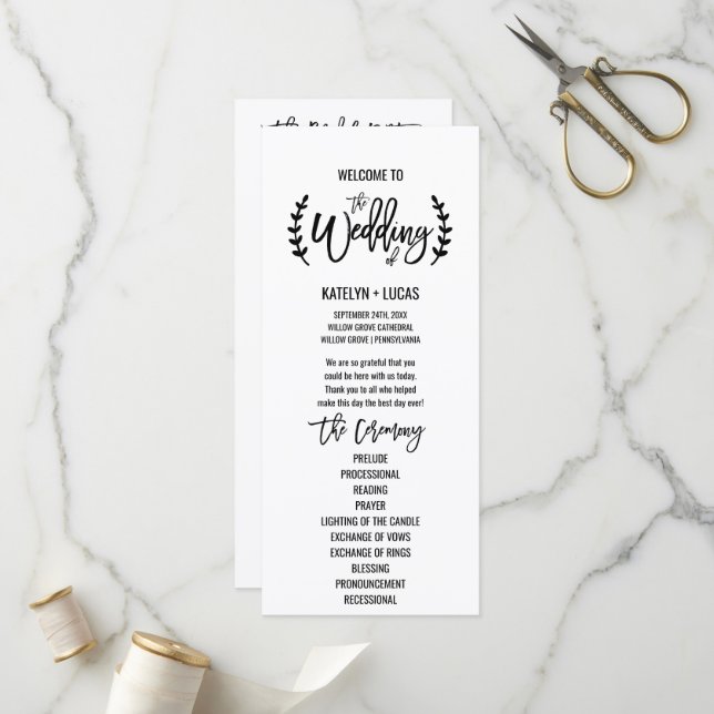 Hochzeitsprogramm für Chic White Black Olive Branc Programm (Vorderseite/Rückseite Beispiel)