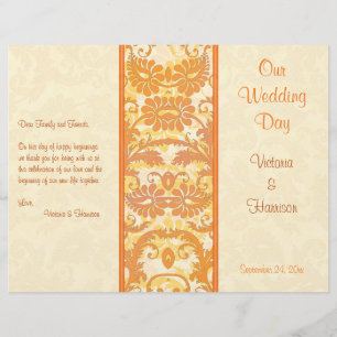 Hochzeitsprogramm für Creme, Orange, Gold Damask