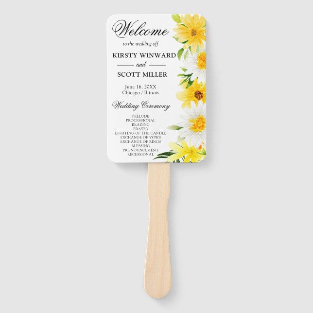 Hochzeitsprogramm für Daisies & Yellow Summer Blum Fächer (Vorderseite)