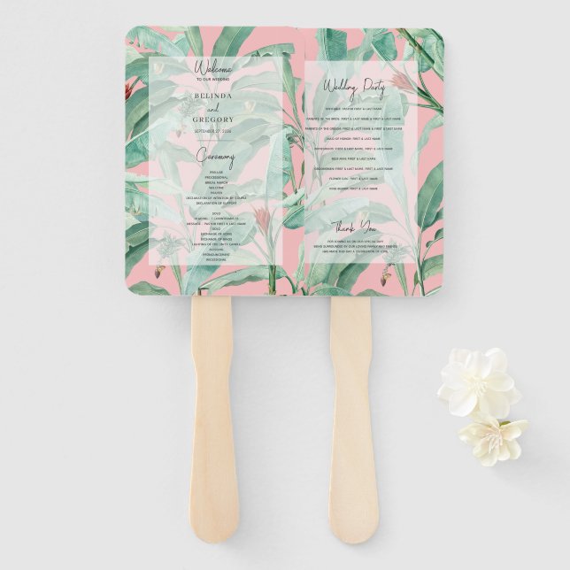 Hochzeitsprogramm für die rosa tropische Bananenpa Fächer (Vorne und Hinten)