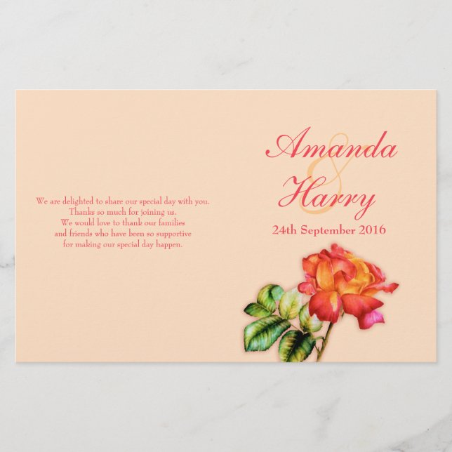 Hochzeitsprogramm für die Rose Rotorange (Vorderseite)