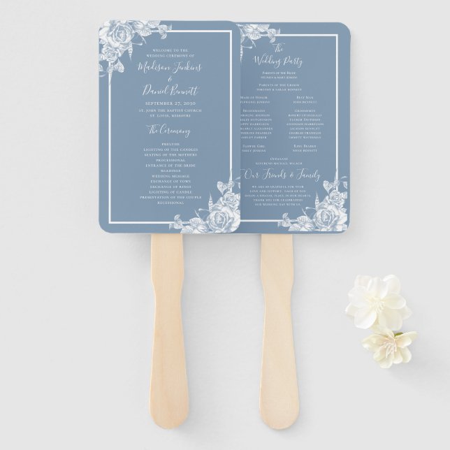 Hochzeitsprogramm für Dusty Blue Floral Fächer (Vorne und Hinten)