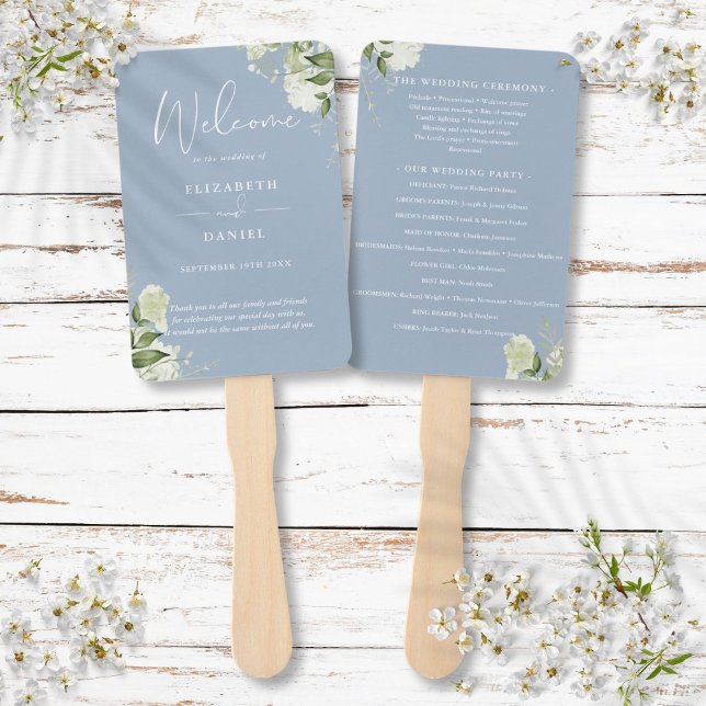 Hochzeitsprogramm für Dusty Blue Floral Greenerity Fächer (Dusty Blue Floral Greenery Wedding Program Hand Fan)