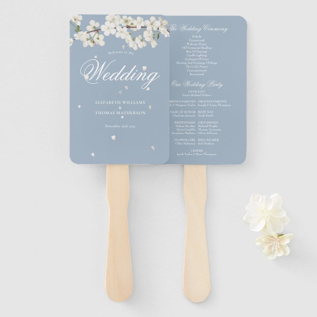 Hochzeitsprogramm für Dusty Blue Floral White Blos Fächer (Vorne und Hinten)